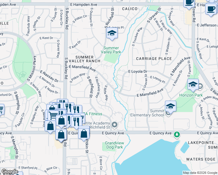 map of restaurants, bars, coffee shops, grocery stores, and more near in Aurora