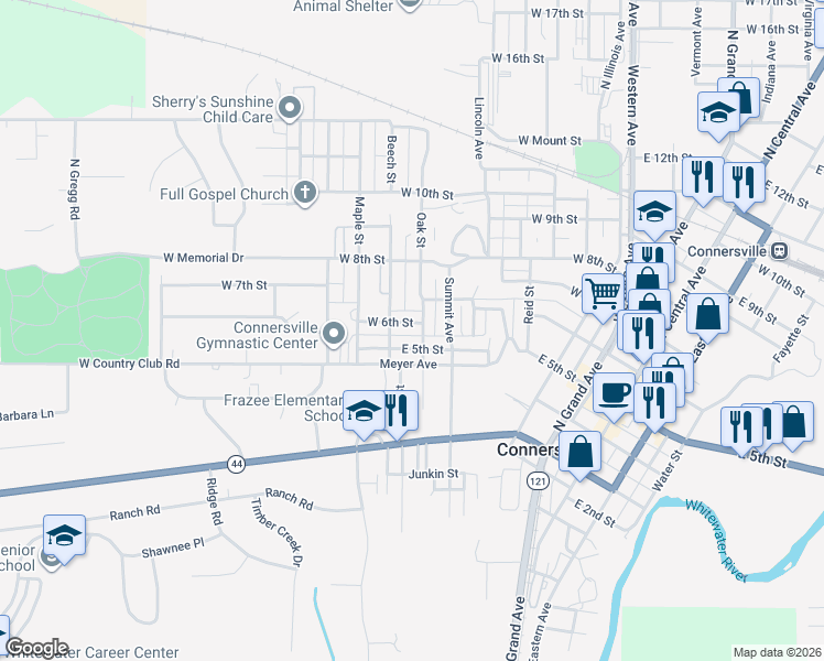 map of restaurants, bars, coffee shops, grocery stores, and more near 811 West 6th Street in Connersville
