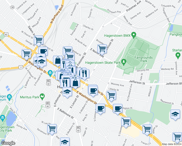 map of restaurants, bars, coffee shops, grocery stores, and more near 72 East Avenue in Hagerstown