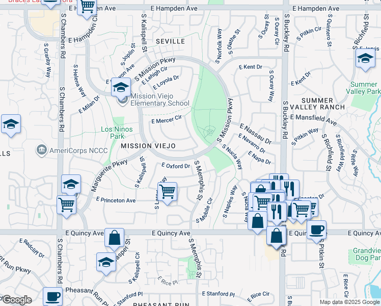 map of restaurants, bars, coffee shops, grocery stores, and more near 16298 East Nassau Drive in Aurora