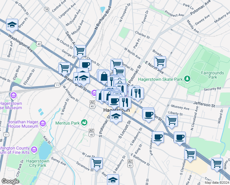 map of restaurants, bars, coffee shops, grocery stores, and more near 25 West Franklin Street in Hagerstown