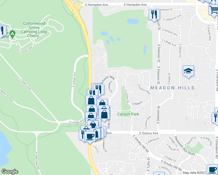 map of restaurants, bars, coffee shops, grocery stores, and more near 4057 South Abilene Circle in Aurora