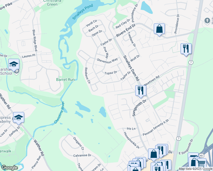 map of restaurants, bars, coffee shops, grocery stores, and more near 9005 Rembrandt Circle in Newark