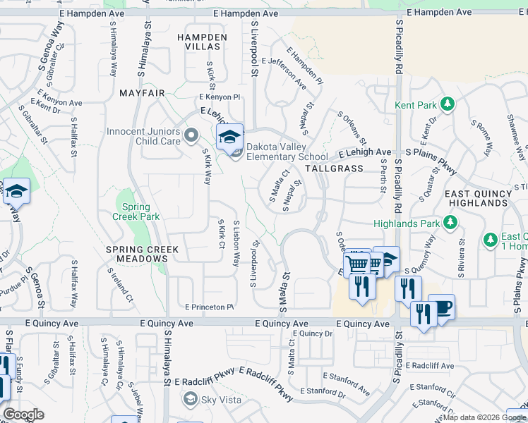 map of restaurants, bars, coffee shops, grocery stores, and more near 21152 East Nassau Avenue in Aurora
