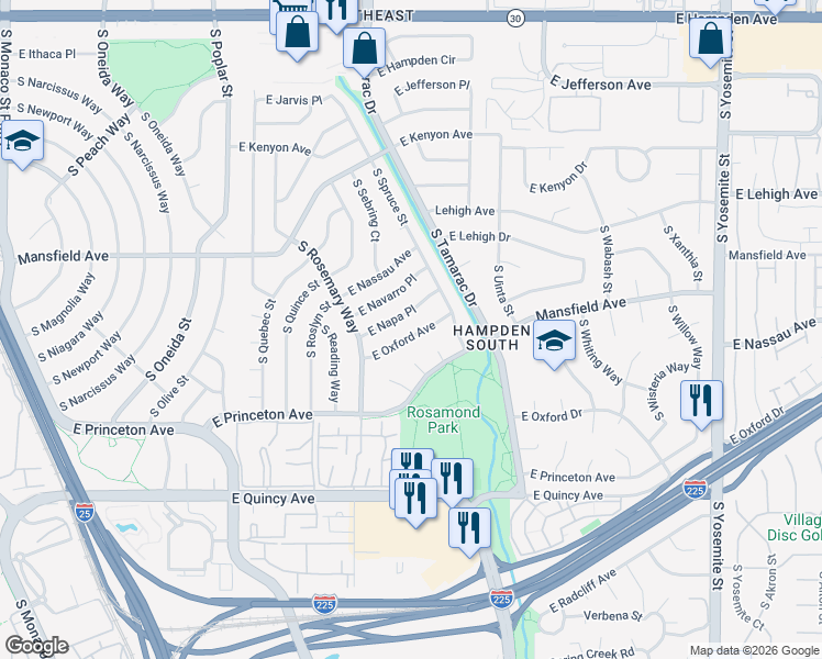 map of restaurants, bars, coffee shops, grocery stores, and more near 7740 East Oxford Avenue in Denver