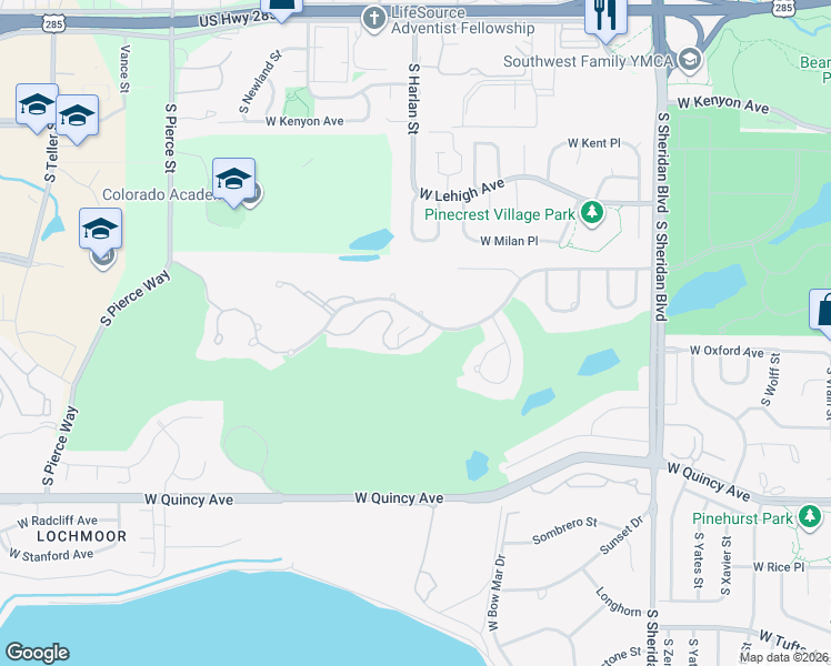 map of restaurants, bars, coffee shops, grocery stores, and more near 6050 West Mansfield Avenue in Denver