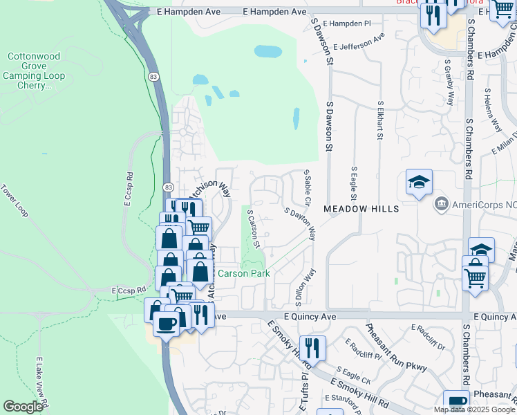 map of restaurants, bars, coffee shops, grocery stores, and more near 4056 South Carson Street in Aurora
