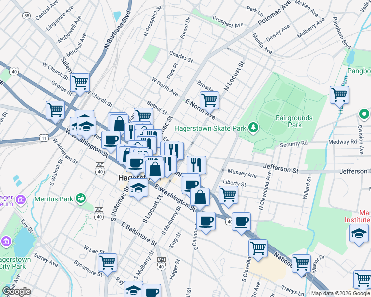 map of restaurants, bars, coffee shops, grocery stores, and more near 70 East Avenue in Hagerstown