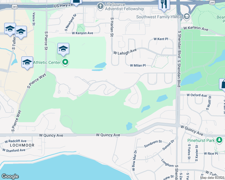 map of restaurants, bars, coffee shops, grocery stores, and more near 6000 West Mansfield Avenue in Denver