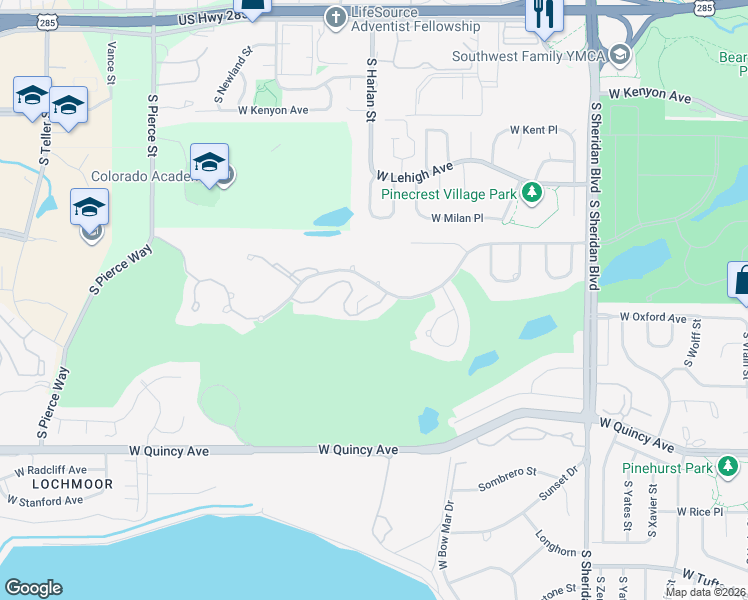 map of restaurants, bars, coffee shops, grocery stores, and more near 6050 West Mansfield Avenue in Denver