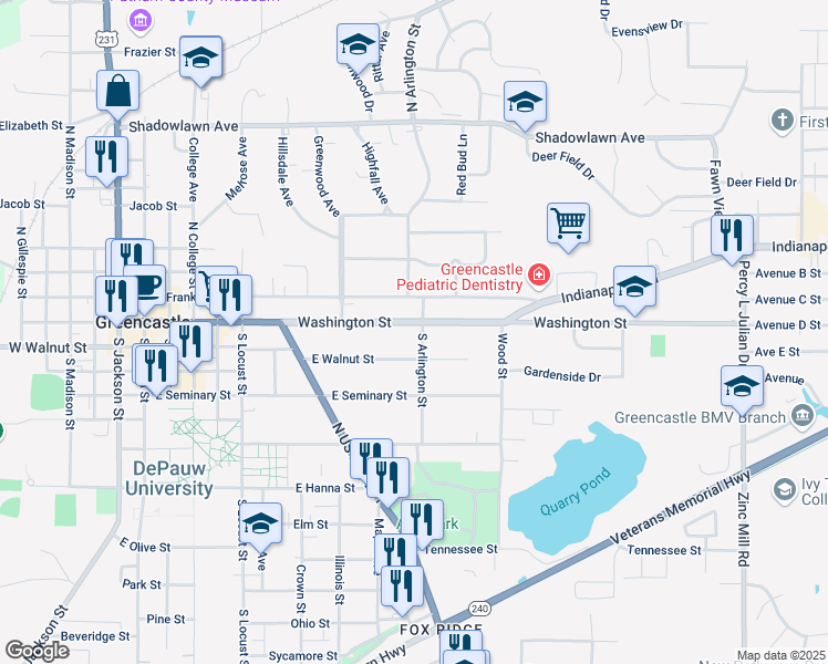 map of restaurants, bars, coffee shops, grocery stores, and more near 632 East Washington Street in Greencastle
