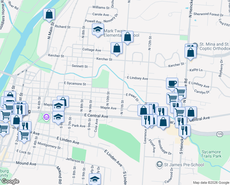 map of restaurants, bars, coffee shops, grocery stores, and more near 1025 East Pearl Street in Miamisburg