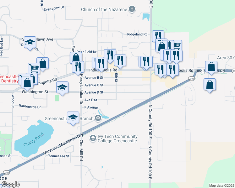 map of restaurants, bars, coffee shops, grocery stores, and more near 1102 Avenue D Street in Greencastle