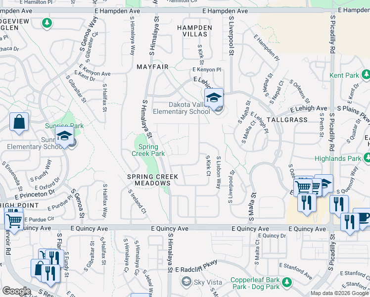 map of restaurants, bars, coffee shops, grocery stores, and more near 4040 South Jericho Court in Aurora