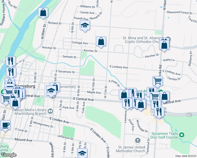 map of restaurants, bars, coffee shops, grocery stores, and more near 1015 East Pearl Street in Miamisburg