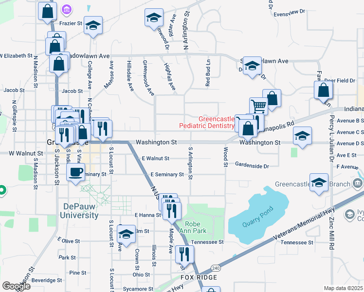 map of restaurants, bars, coffee shops, grocery stores, and more near 632 East Washington Street in Greencastle