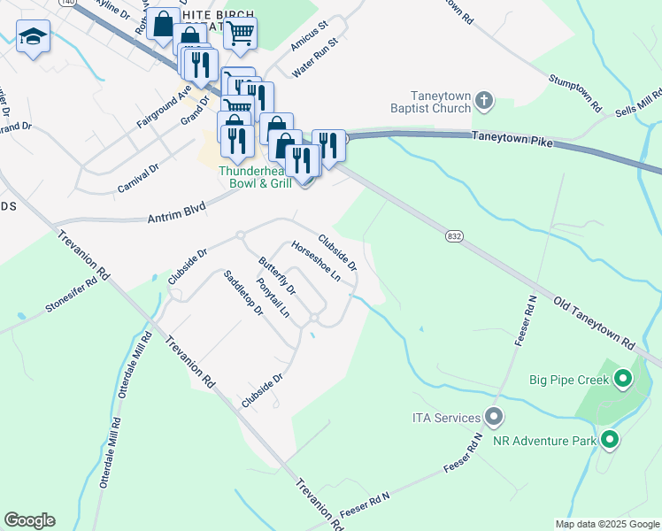 map of restaurants, bars, coffee shops, grocery stores, and more near 840 Horseshoe Lane in Taneytown