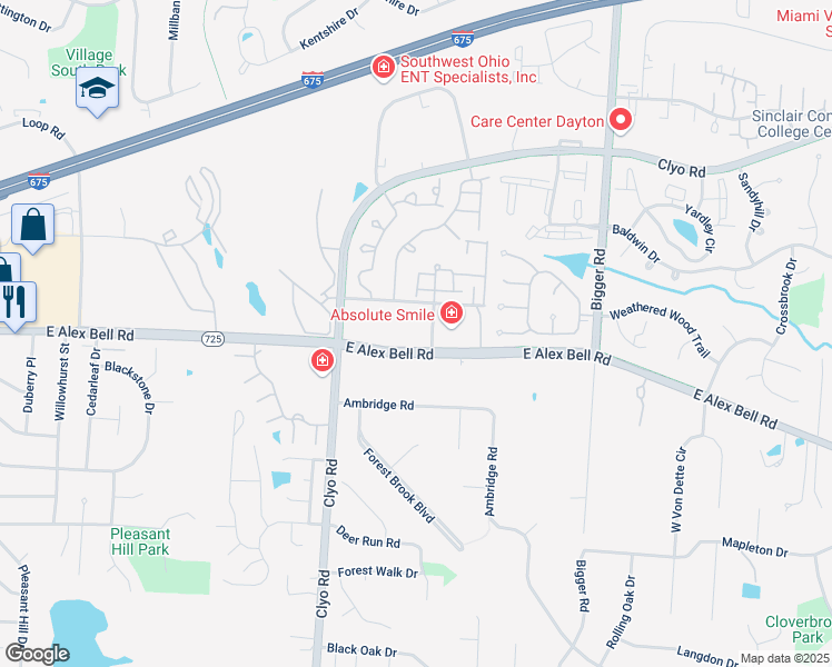 map of restaurants, bars, coffee shops, grocery stores, and more near 1195 East Alex Bell Road in Centerville