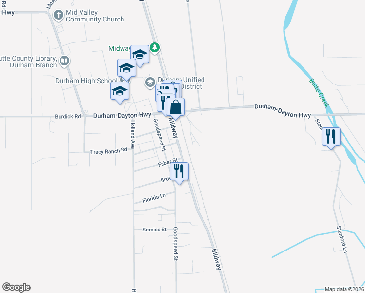 map of restaurants, bars, coffee shops, grocery stores, and more near 9326 Midway in Durham