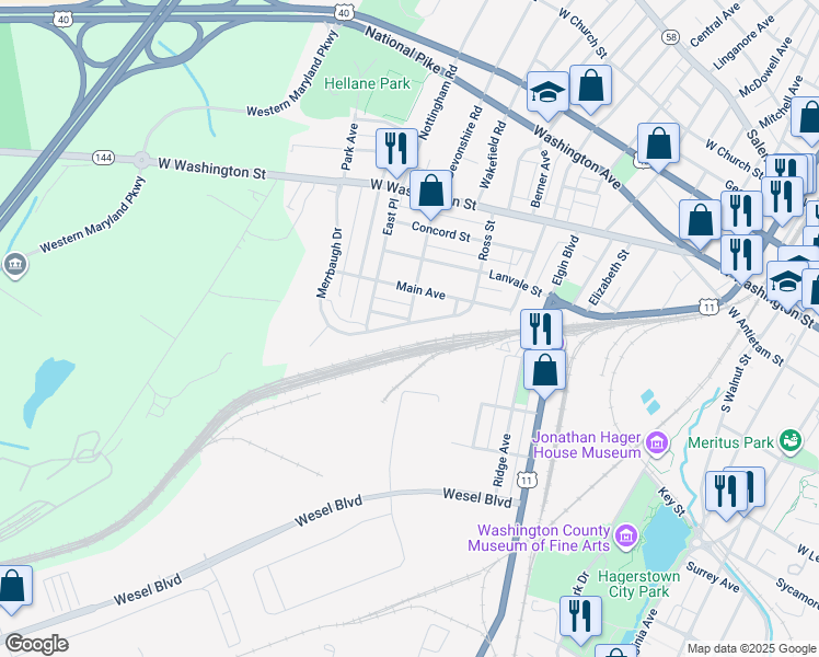 map of restaurants, bars, coffee shops, grocery stores, and more near 993 Ross Street in Hagerstown