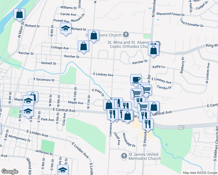 map of restaurants, bars, coffee shops, grocery stores, and more near 311 North 12th Street in Miamisburg