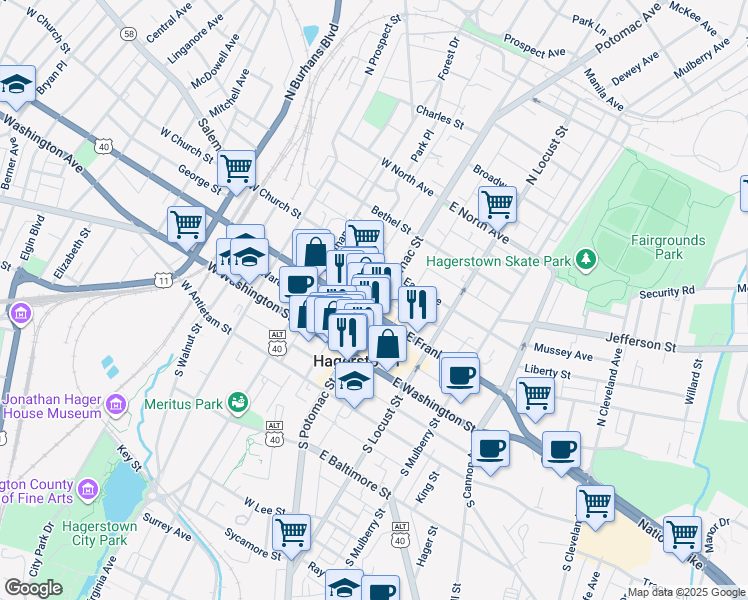 map of restaurants, bars, coffee shops, grocery stores, and more near 111 North Potomac Street in Hagerstown