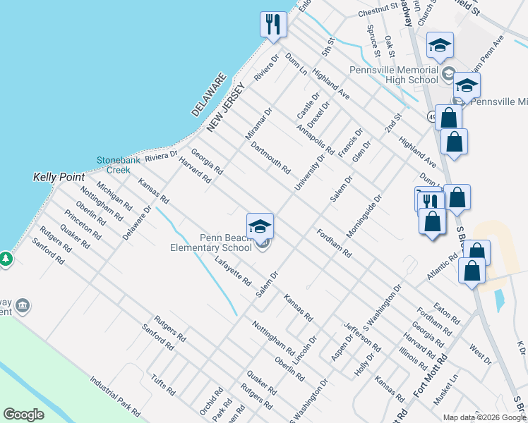 map of restaurants, bars, coffee shops, grocery stores, and more near 112 Harvard Road in Pennsville