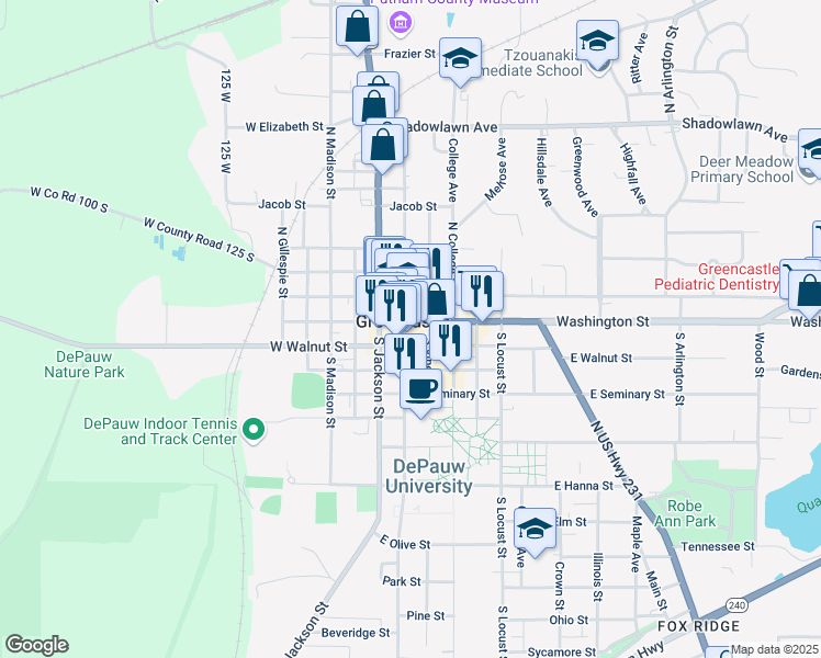 map of restaurants, bars, coffee shops, grocery stores, and more near 99 South Vine Street in Greencastle