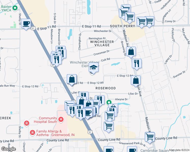map of restaurants, bars, coffee shops, grocery stores, and more near 1900 East Stop 12 Road in Indianapolis