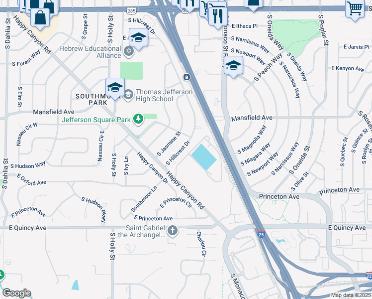 map of restaurants, bars, coffee shops, grocery stores, and more near 3930 South Hillcrest Drive in Denver