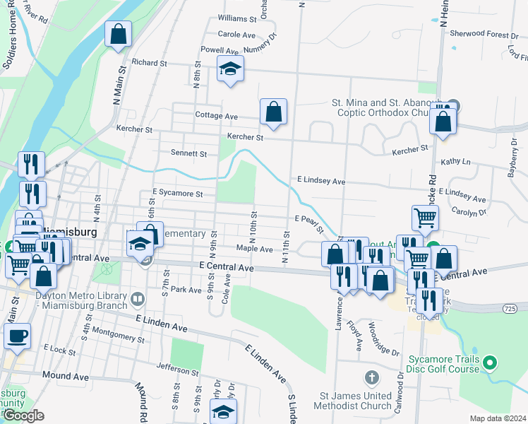 map of restaurants, bars, coffee shops, grocery stores, and more near 1005 East Pearl Street in Miamisburg