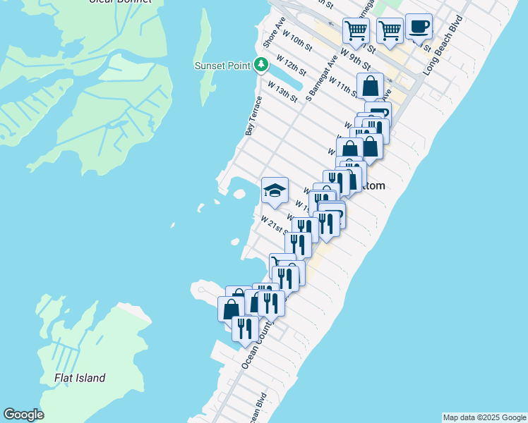 map of restaurants, bars, coffee shops, grocery stores, and more near 2012 East Bay Terrace in Ship Bottom