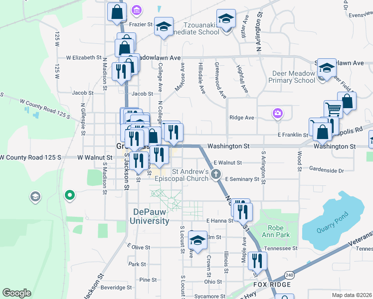 map of restaurants, bars, coffee shops, grocery stores, and more near 7 South Locust Street in Greencastle