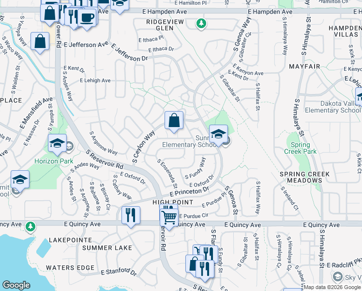 map of restaurants, bars, coffee shops, grocery stores, and more near 3997 South Espana Way in Aurora