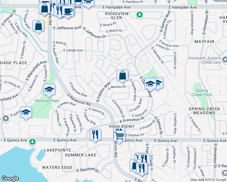 map of restaurants, bars, coffee shops, grocery stores, and more near 19432 East Navarro Drive in Aurora