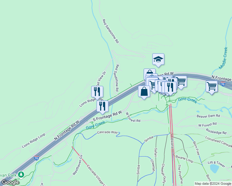 map of restaurants, bars, coffee shops, grocery stores, and more near U.S. Route 6 in California in Vail