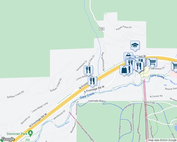 map of restaurants, bars, coffee shops, grocery stores, and more near 1030 Lions Ridge Loop in Vail