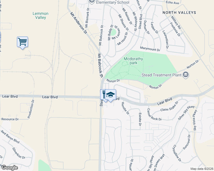 map of restaurants, bars, coffee shops, grocery stores, and more near 13920 Lear Boulevard in Reno