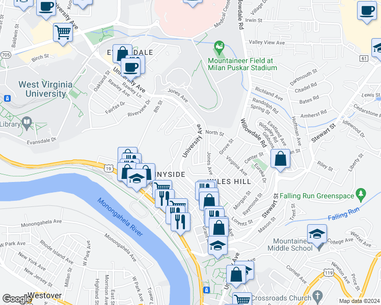 map of restaurants, bars, coffee shops, grocery stores, and more near 413 Beaver Avenue in Morgantown