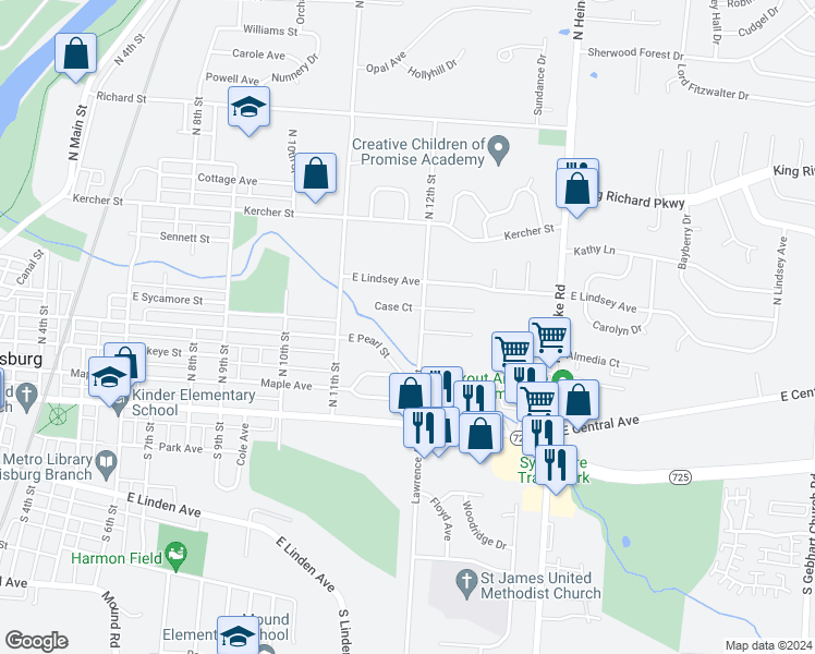 map of restaurants, bars, coffee shops, grocery stores, and more near 237-241 North 12th Street in Miamisburg