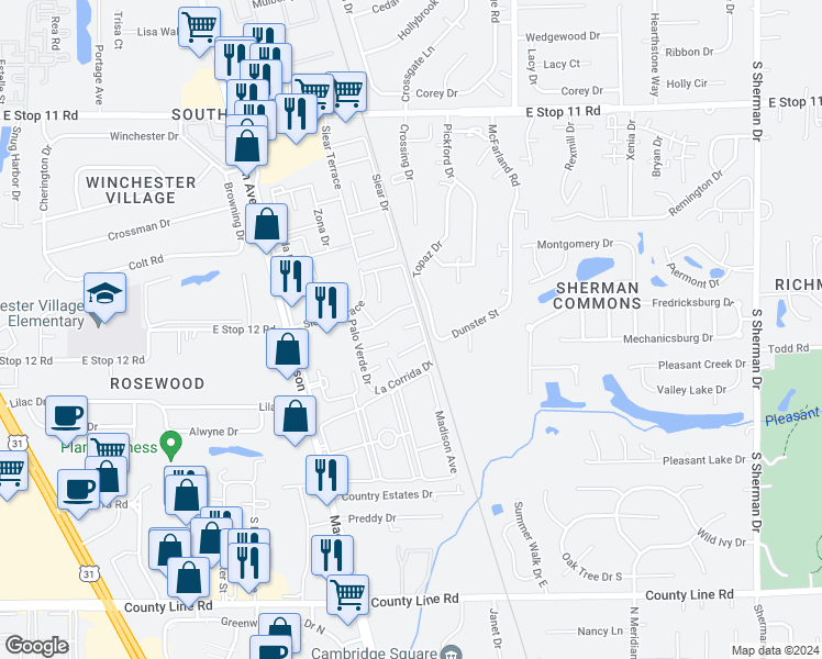map of restaurants, bars, coffee shops, grocery stores, and more near 2853 Punto Alto Court in Indianapolis