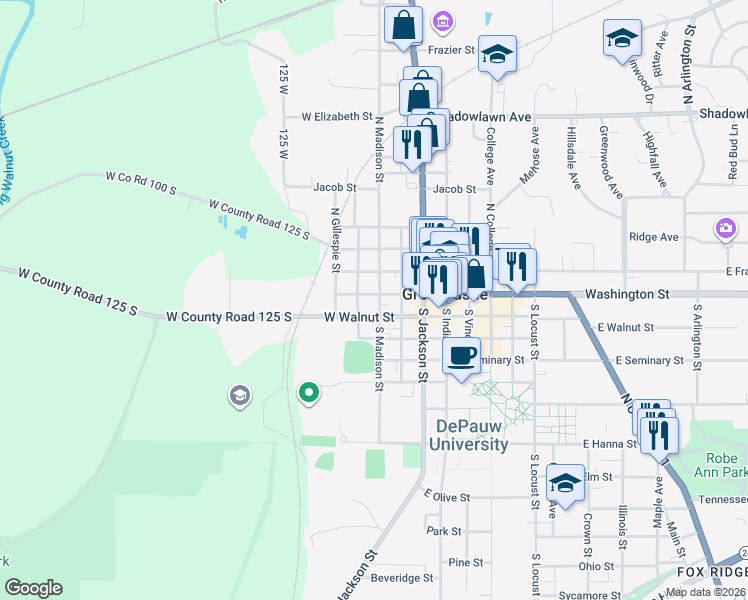 map of restaurants, bars, coffee shops, grocery stores, and more near 311 West Walnut Street in Greencastle