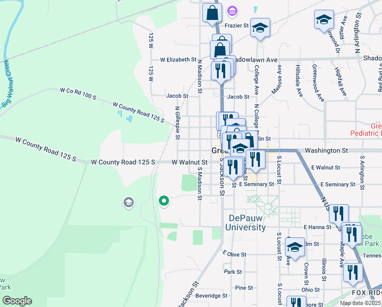 map of restaurants, bars, coffee shops, grocery stores, and more near 311 West Walnut Street in Greencastle
