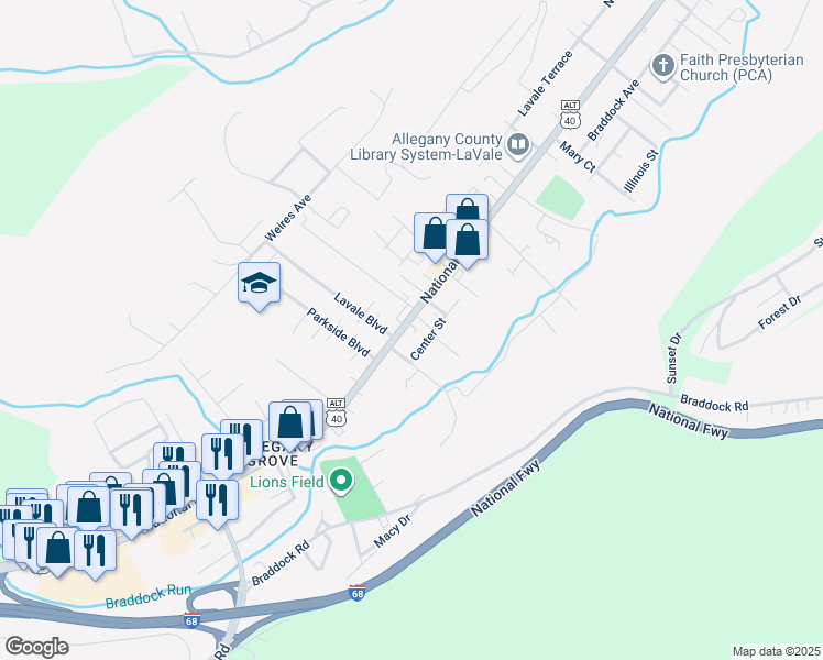 map of restaurants, bars, coffee shops, grocery stores, and more near 982 National Highway in La Vale