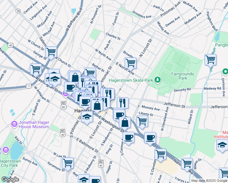 map of restaurants, bars, coffee shops, grocery stores, and more near 60 East Avenue in Hagerstown