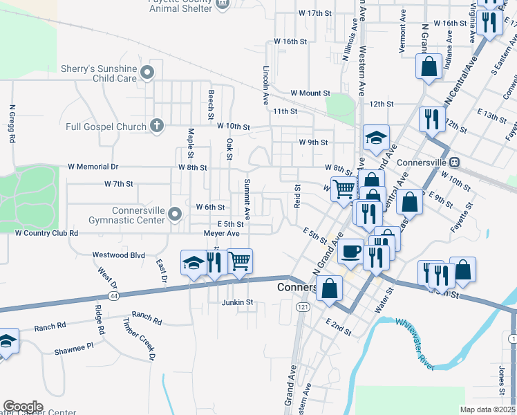map of restaurants, bars, coffee shops, grocery stores, and more near 602 Summit Avenue in Connersville
