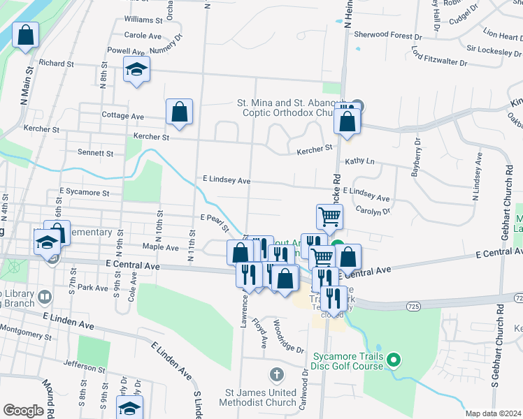 map of restaurants, bars, coffee shops, grocery stores, and more near 1211 Simonton Avenue in Miamisburg