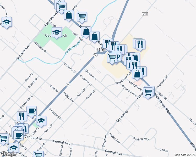 map of restaurants, bars, coffee shops, grocery stores, and more near 223 Marlyn Avenue in Hammonton