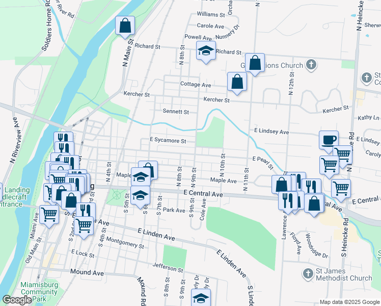 map of restaurants, bars, coffee shops, grocery stores, and more near 833 East Pearl Street in Miamisburg