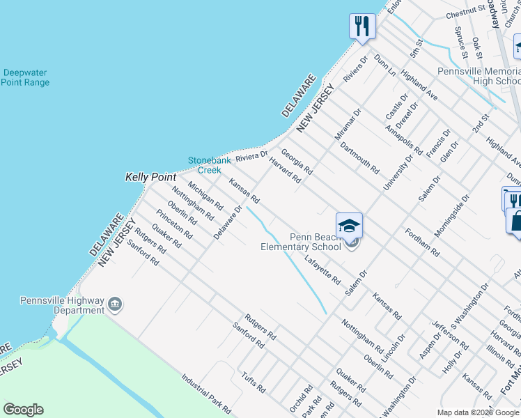 map of restaurants, bars, coffee shops, grocery stores, and more near 151 Kansas Road in Pennsville Township